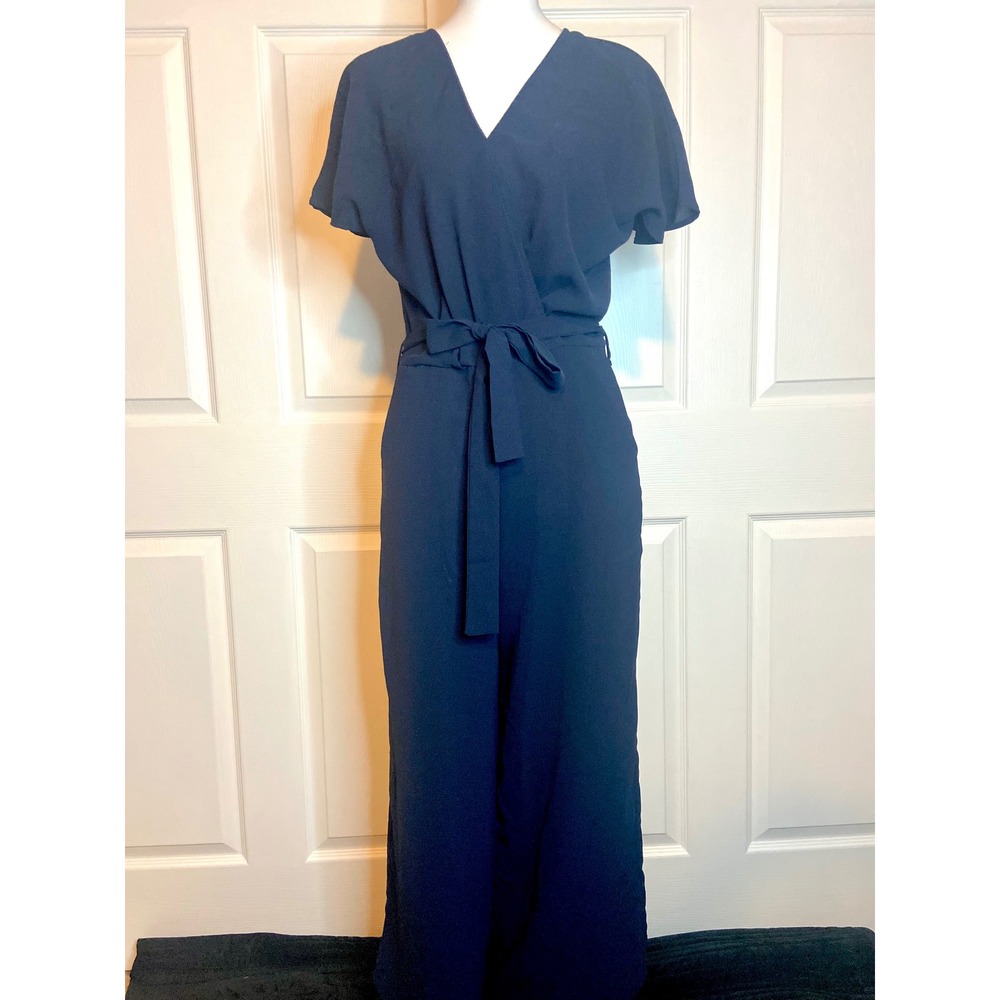 Everly Navy Blue Short Sleeve Wrap Front Wide Leg Jumpsuit Small
